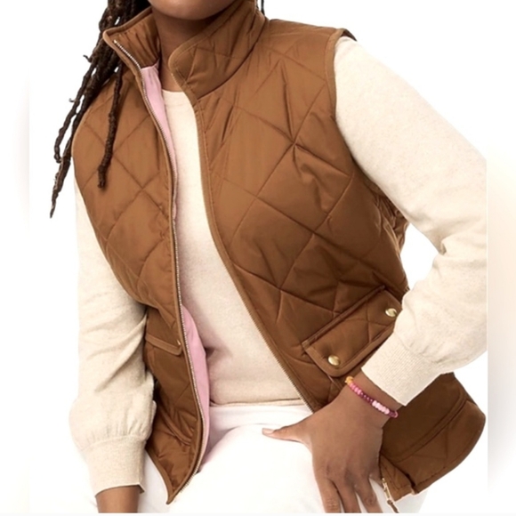 J. Crew Tan/ Brown Quilted Puffer Vest Medium With Snap Pockets - Picture 1 of 10
